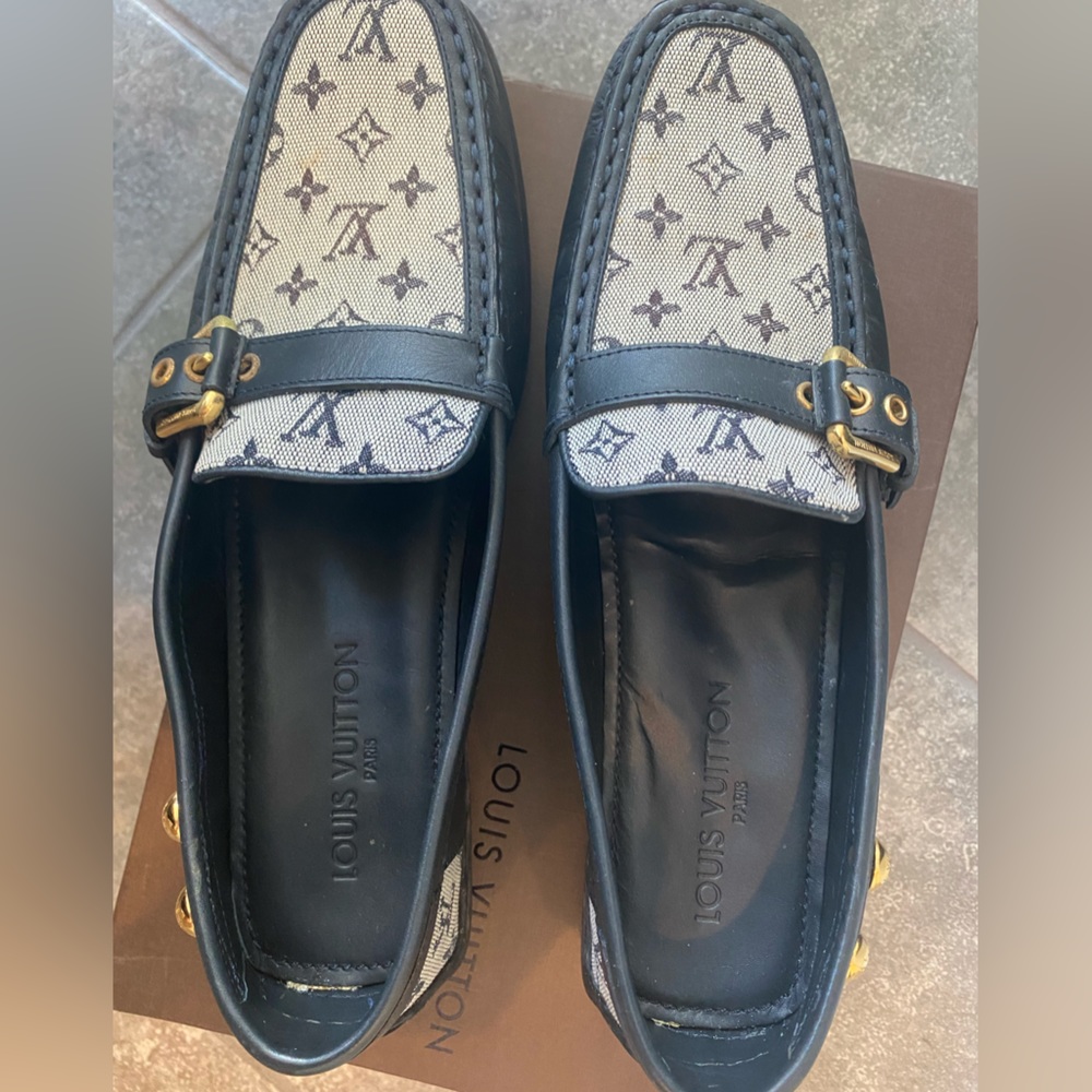 Louis Vuitton minimonogram fabric navy gold hardware vintage flats loafer 38.5 - Picture 7 of 12